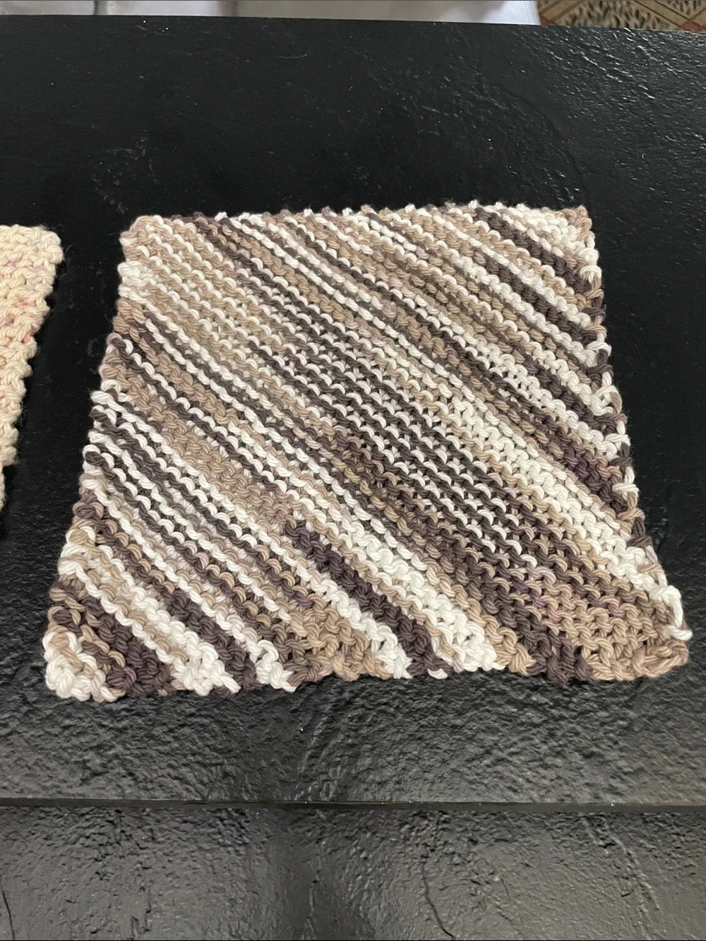 Set of 3 Hand-Knit Cotton Dishcloths - Cream, Brown, Speckled Approx. 7x7
